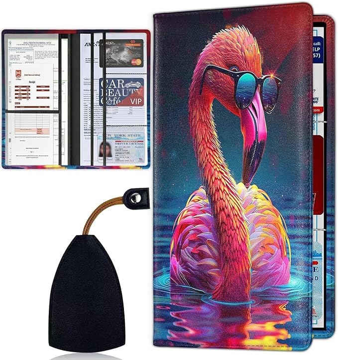 Car Registration and Insurance Card Holder for Women Men, Waterproof PU Leather Glove Box Car Organizer with Magnetic Shut, Vehicle Document Holder for Driver License, Adorable Tropical Flamingo