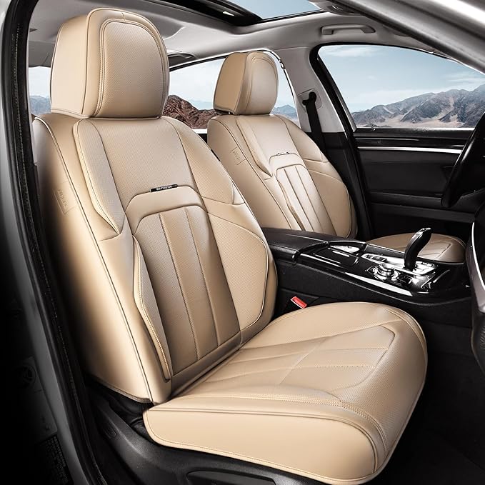Coverado Car Seat Cover, Cover for Cars Front Seat, Premium Leather, Universal Fit Waterproof Seat Protectors, Car Seat Cushion Non-Slip for Most Cars-Beige