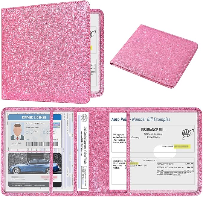 DMLuna Car Registration and Insurance Holder, Folio Leather Vehicle Card Document Glove Box Organizer, Auto Truck Compartment Accessories for Essential Information, Driver License Cards, Glitter Pink