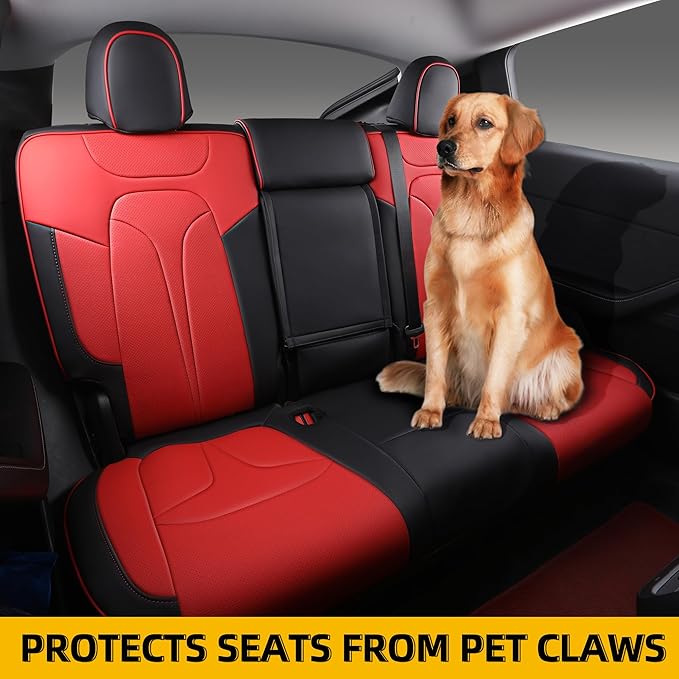 OURPLOT Custom Fit Seat Covers for 2020-2024 Tesla Model Y (5-Seater), Waterproof Nappa Leather, OEM Factory Style Full Set Car Seat Protectors Airbag Compatible - Red