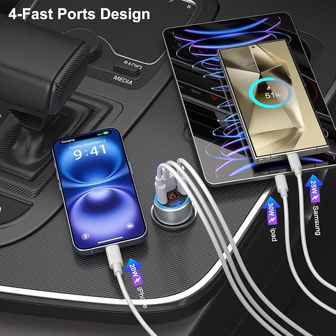 65W Dual USB C & USB A Car Charger Multi Port Cigarette Lighter Adapter with Voltmeter QC+PD 3.0 Fast Charging with 2 Pack Type C Cords