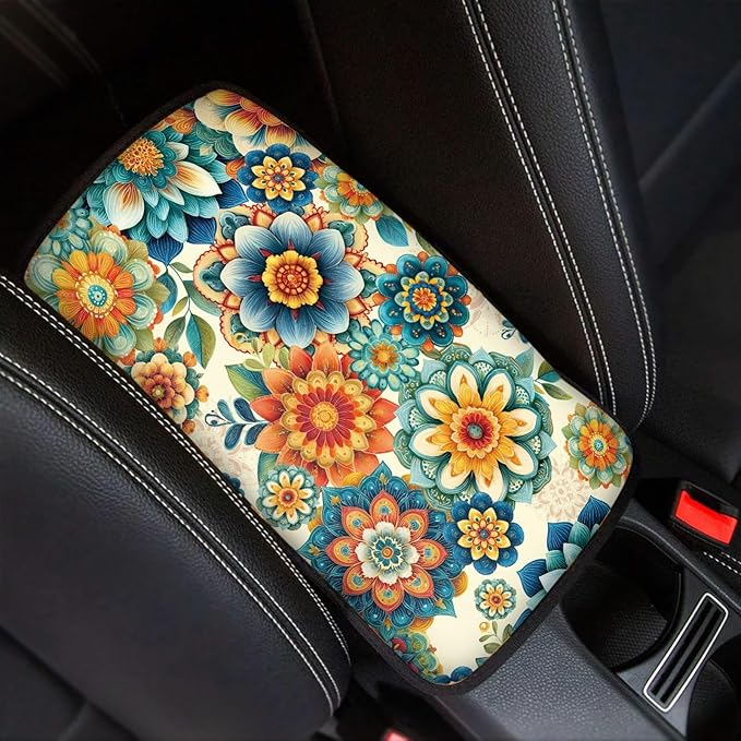 Horeset Retro Flower Non-Slip Car Armrest Cover Cushion Universal Fit Silver Automobile Center Console Pad Decor Protector
