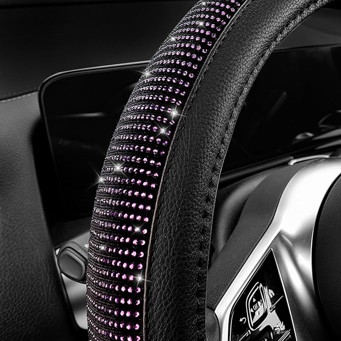 CAR PASS Bling Purple Diamond Leather Steering Wheel Cover, Sparkly Crystal Glitter Rhinestones Universal Fit 14" 1/2-15" Car Steering Wheel Protector for Women Girl Fit SUV,Van,Sedan,Truck, Purple