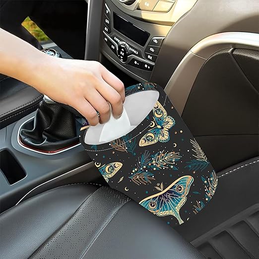 KXWQTRDD Car Garbage Bag Boho Butterflies Stars Mini Car Trash Bin Portable Collapsible Waterproof Rubbish Bag for Car Accessories Back Front Seat Cup Holder