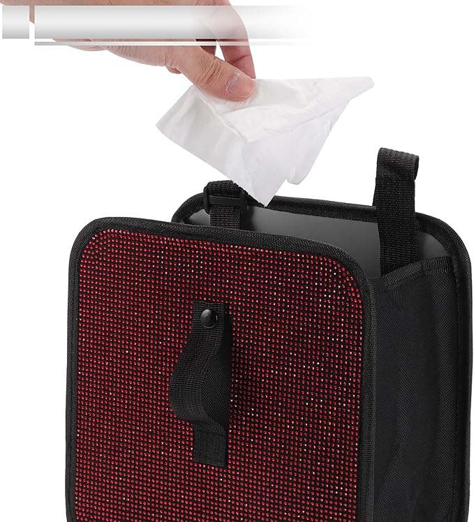 1 Pcs Universal Car Trash Can Hanging 9.1" Length 5.5" Width 9.1" Height Trash Bin Red Black Fabric Rhinestone