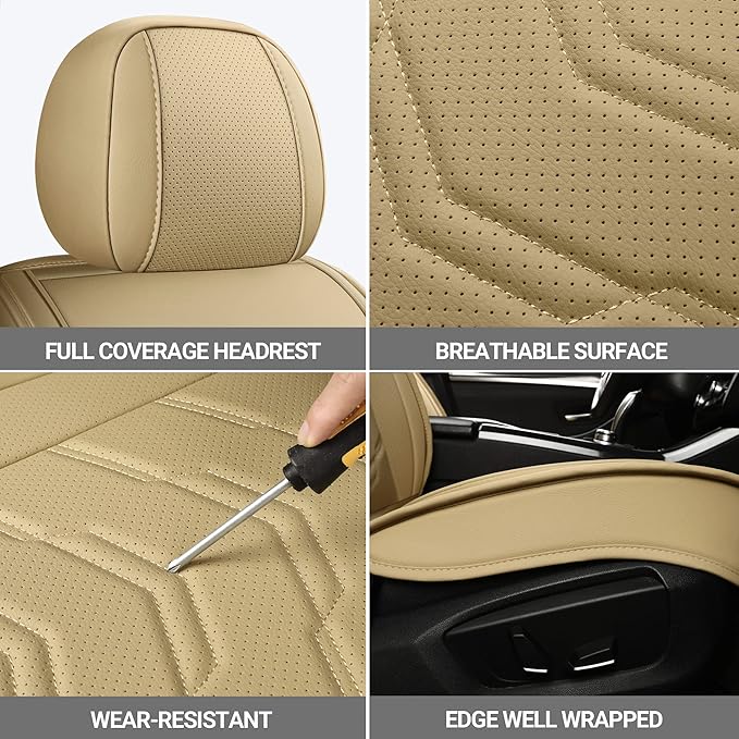 AOOG Leather Car Seat Covers Universal fit Most Sedans SUV Trucks (Front Seat, Beige)