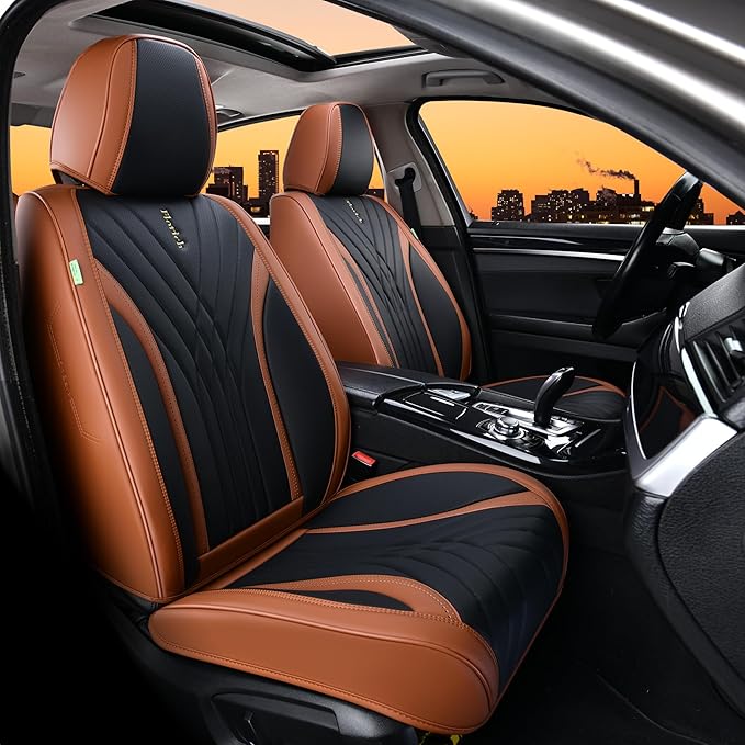 FLORICH Leather Seat Covers Full Set, Universal Seat Covers, Leather Car Seat Vehicle Cushion, Brown Automotive Seat Covers Accessories for Car Sedan SUV Truck