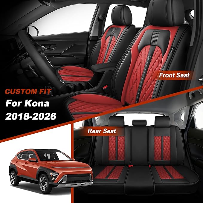 TTX LIGHTING Seat Covers Fit for Hyundai Kona 2018-2026 Seat Covers Full Set Car Seat Covers Faux Leather Breathable Waterproof Car Seat Protector (5 Seats, Black&Red)