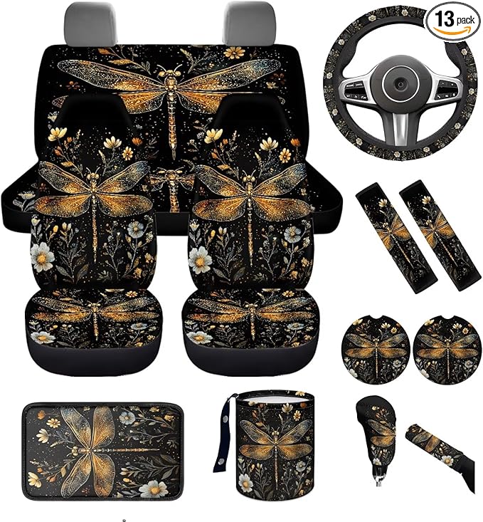 Dngkaoje Art Dragonfly Car Seat Accessories Full Set 13 Pcs Dragonfly Print Car Seat Covers Set for Front Back,Universal Auto Accessories with Hanging Vehicle Trash Bin,Seatbelt Pads,Armrest Pad