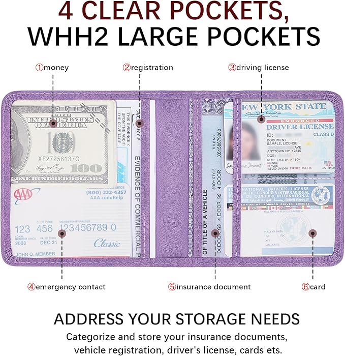 Car Registration and Insurance Holder, Vehicle Glove Box Car Organizer with Magnetic Closure for Documents, Cards, License Car Organization, 1-Pack Purple