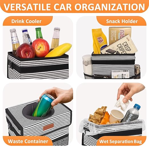 Vankor Car Trash Can for Car Cute, Bag Bin Hanging Waterproof Automotive Garbage Cans Leak Proof Vehicle Trash Can Stripe