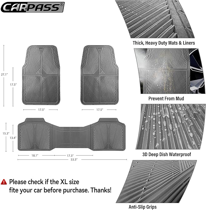 CAR PASS Gray Rubber Car Mats, All Weather Floor Mats Full Set, Waterproof Trim-to Fit Anti-Slip Easy Clean Heavy Duty Automotive Pad for Cars Trucks SUV Sedan Van, 3 Pcs All Grey Rubber