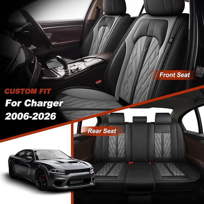 TTX LIGHTING Seat Covers Fit for Dodge Charger 2006-2026 Seat Covers Full Set Car Seat Covers Faux Leather Breathable Waterproof Car Seat Protector (5 Seats, Black&Grey)