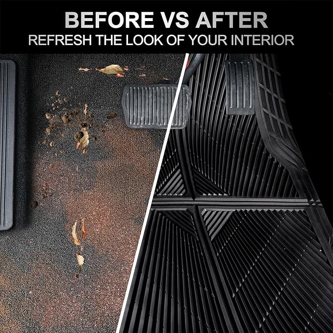CAR PASS Rubber Floor Mats, All Weather Waterproof Trim-to-Fit Automotive Mats for Cars Trucks SUV, Anti-Slip Easy Clean, Heavy Duty Full Set 3-Piece, All Black