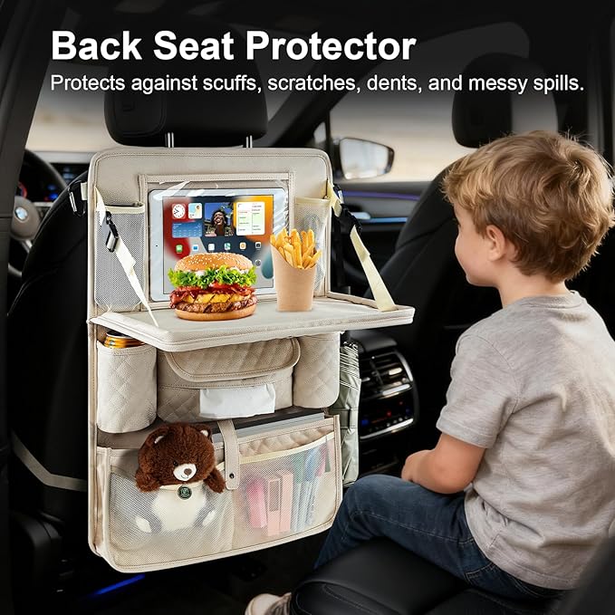 Rosynee Car Backseat Organizer with Foldable Table Tray - 11 Storage Pockets PU Leather Back Seat Organizer with Tablet Holder, Seat Back Protector for Kids Family Road Trip Travel Accessories (Beige)