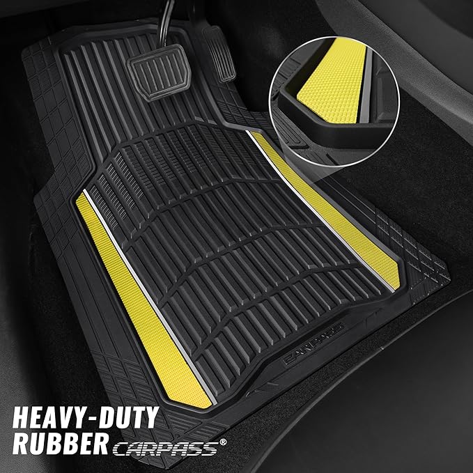 CAR PASS Heavy Duty Rubber Car Floor Mats, Deep Waterproof Car Floor Mats All Weather, Aluminum Film Floor Mats for Cars Non-Slip Universal Trim to Fit for SUV Trucks Sedans Vans,Black Yellow Metallic