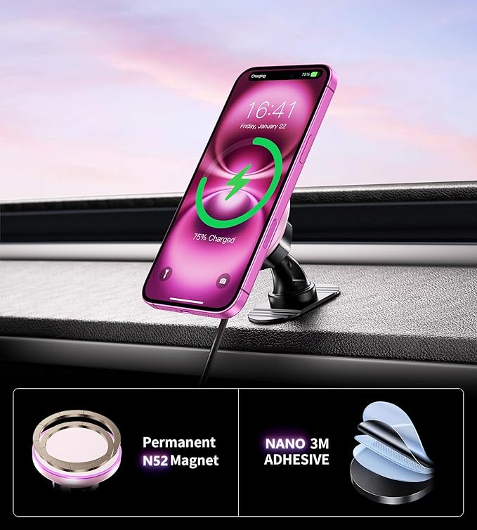 for Magsafe Car Mount Charger, [2025 Upgrade] 15W 2in1 Magnetic Wireless Car Charger, for Magsafe Car Charger, Vent/Dashboard Phone Holder, ONLY for iPhone 17 16 15 14 13 12 Series (Pink)