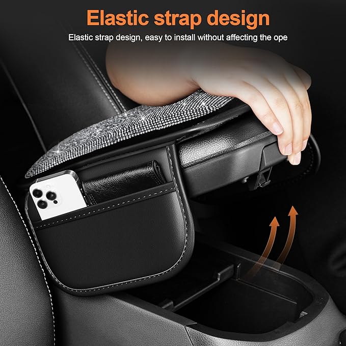 Bling Car Armrest Cover for Women Fit for Mazda CX-30 Custom Leather Center Console Cover with 2 Storage Pockets Crystal Rhinestones (Black)