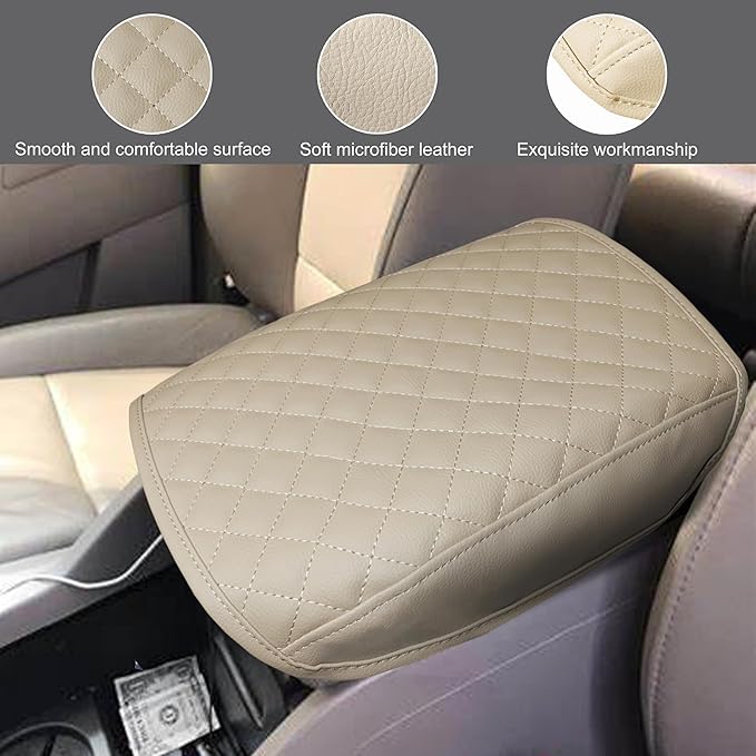 SENSHINE Armrest Cover for Honda Pilot Accessories 2009 2010 2011 2012 2013 2014 2015 Center Console Cover Anti-Scratch Leather Armrest Decoration for Honda Pilot Interior Accessories (Beige Trim)