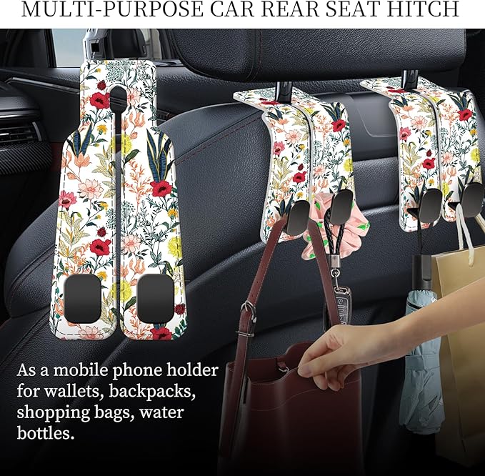 AXRQLSU PU Leather Car Seat Hook, Storage Headrest Hanger, Cute Car Backseat Organizer, Car Hooks For Purses and Bags Colorful Wildflowers White