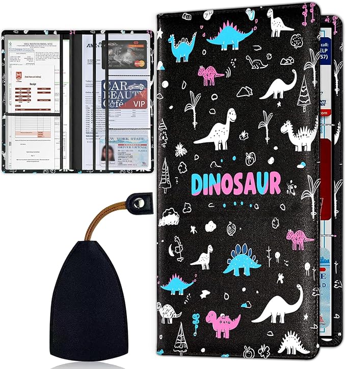 Car Registration Holder, Waterproof PU Leather Vehicle Card Document Glove Box Organizer, Women Interior Auto Accessories Case for Cards, Driver License Car Insurance Holder, Cartoon Dinosaur Pattern