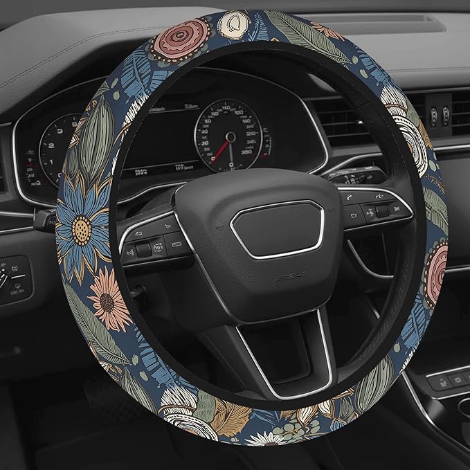 Cute Steering Wheel Cover for Women, Machine Washable Universal 14.5-15.5 inch Non-Slip Grip All Weather Use (Retro Floral Blue)
