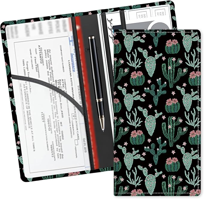 ADUQLZUX Leather Car Registration and Insurance Card Holder, Cute Car Accessories Vehicle Glove Box Car Organizer for Documents, Cards, License Cute Cactus
