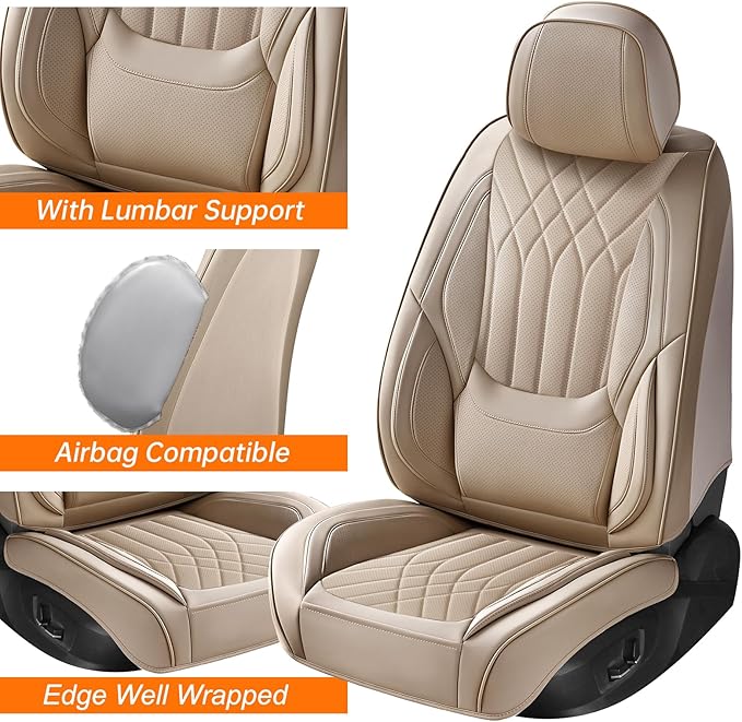 GEZHOUBA Car Seat Covers Front Seats Beige, Luxury Leather Automotive Seat Covers with Lumbar Support, Waterproof Car Seat Protector Universal Fit for Most Cars Trucks Pick-ups SUVs