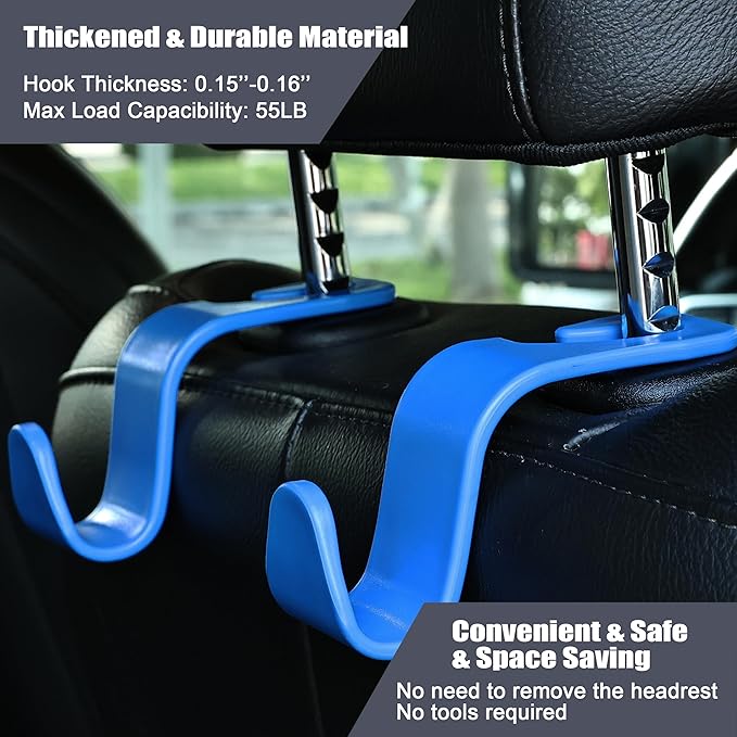 Amooca Car Seat Headrest Hook 4 Pack Hanger Universal Vehicle Car Storage Organizer for Handbag Purse Coat S Type Blue