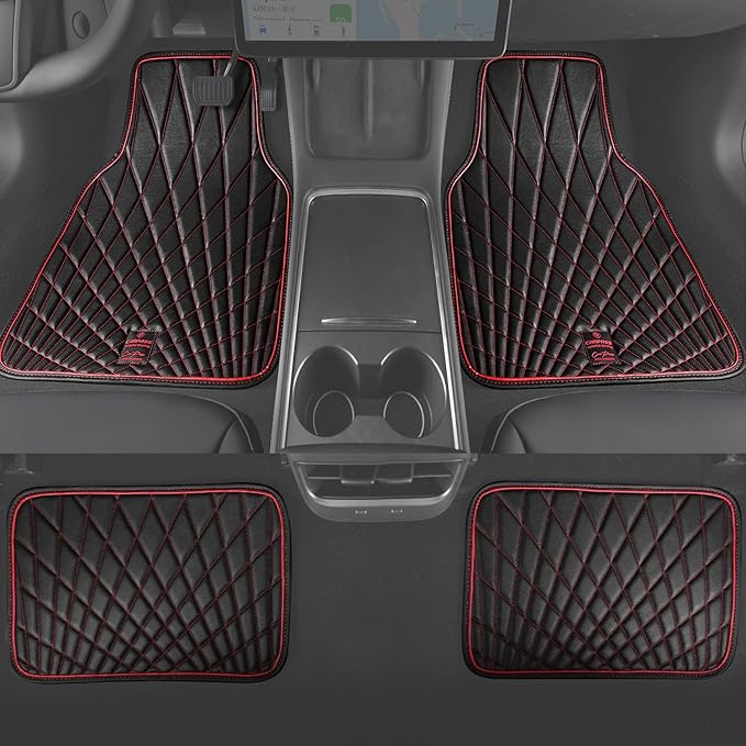 CAR PASS Faux Leather Floor Mats for Cars, Luxury Waterproof All Weather Car Mats Full Set, Anti-Slip Deluxe Automotive Mats Universal Fit for Most SUV Vans Sedans Trucks, 4 Piece Black and Red