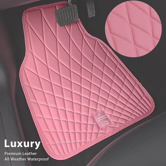 CAR PASS Luxury Faux Leather Floor Mats for Cars, Waterproof All Weather Car Mats Full Set, Anti-Slip Deluxe Automotive Floor Mats Universal Fit for Most SUV,Vans,Sedans,Trucks, 4 Piece Pink