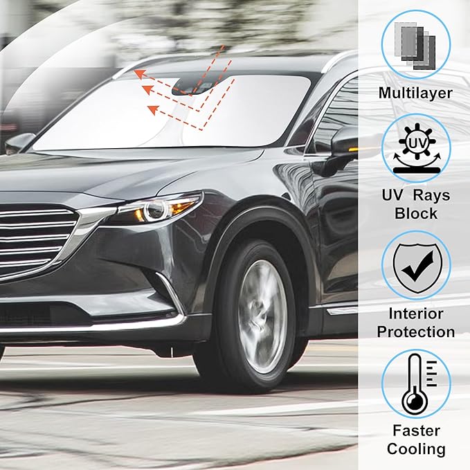 Windshield Sun Shade Custom Fit for 2016-2024 2025 Mazda CX-9 CX9 Accessories Foldable Sunshade Sun Blocker Protect Car from Sun Rays & Heat Damage Keep Car Cooler