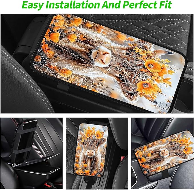JANENFNA Car Armrest Cover Pads Universal Fashion Cute Auto Center Console Armrest Cover Pad with 2PCS Car Coasters Soft Waterproof Car Armrest Seat Protector for Women,Cow with Yellow Flowers