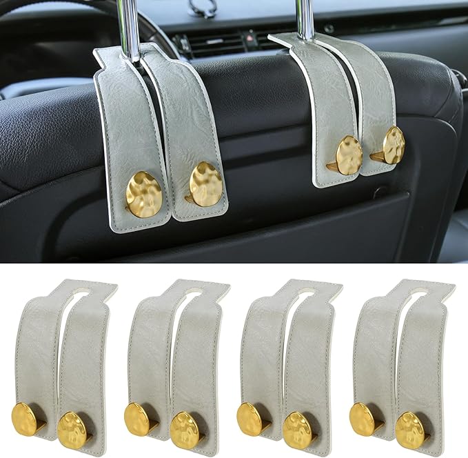 URIZZD 4 PCS Leather Car Seat Hooks for Headrest, Vehicle Hanger Storage Organizer Universal for Handbag Purse, Car Accessories Gift (Grey-Gold-4 PCS)