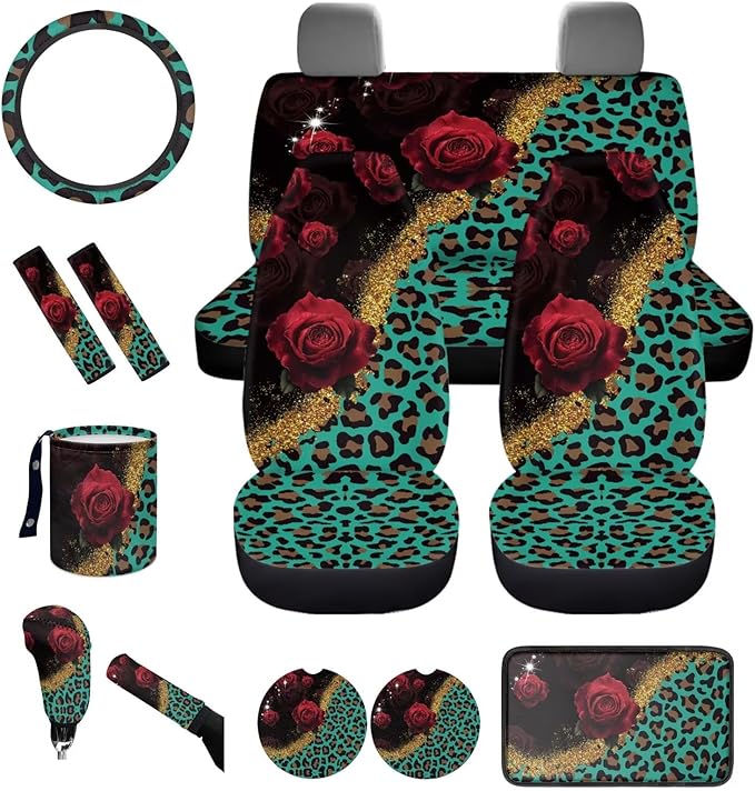 Dngkaoje Leopard Rose Print Car Seat Covers Full Set for Women Auto Interior Protector Front Back Seat Rugs 13 Pcs Leopard Steering Wheel Cover Car Armrest Pad Cover,Universal Collapsible Garbage Bin
