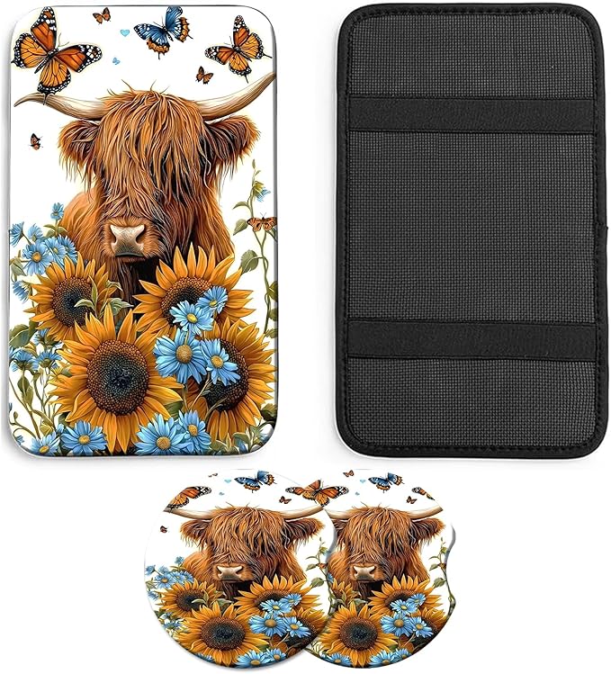 JANENFNA Car Armrest Cover Pads Universal Fashion Cute Auto Center Console Armrest Cover Pad with 2PCS Car Coasters Soft Waterproof Car Armrest Seat Protector for Women,Cow Butterflies