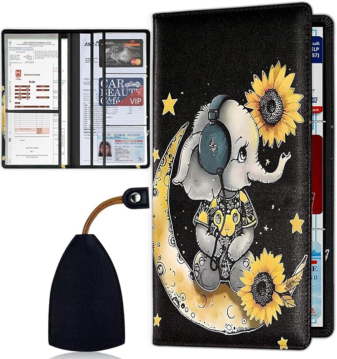 Car Registration and Insurance Card Holder for Women Men, Waterproof PU Leather Glove Box Car Organizer with Magnetic Shut, Vehicle Document Holder for Driver License, Cute Baby Elephant Sunflower
