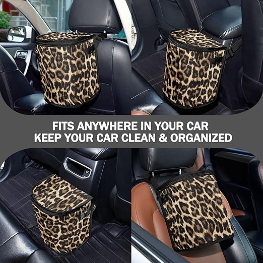Leopard Print Car Trash Can Car Garbage Bag with Lid Hanging Waterproof Leak Proof Vehicle Storage Bin