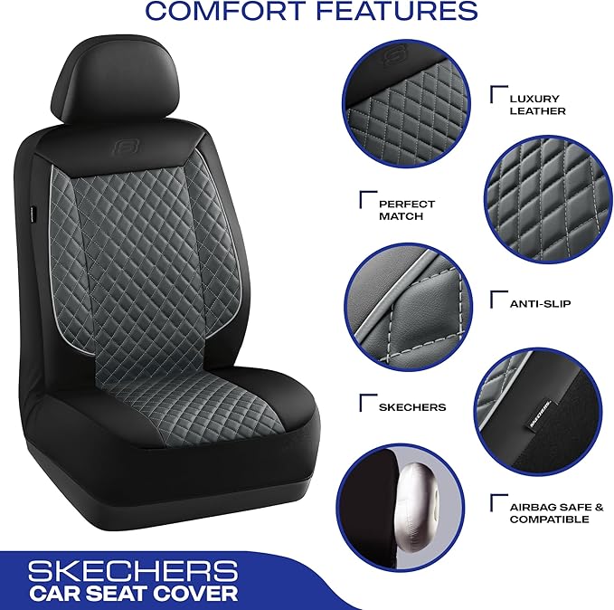 Skechers Car Seat Covers,Piping Luxury Faux Seat Covers,Waterproof Anti Slip Car Seat Protector Front Seats,Car Accessories Airbag Universal Fit for Most Cars,Vans,Trucks,SUV,Gray