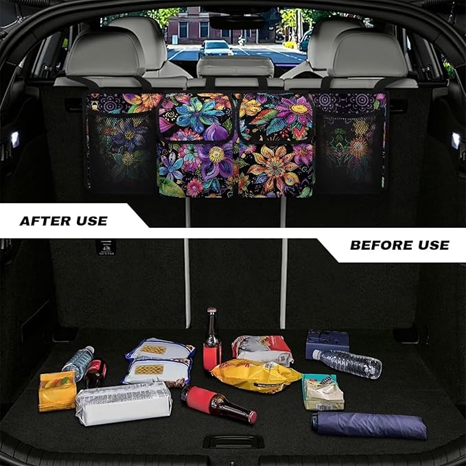 Flower Printed Car Truck Organizer for Women Backseat Hanging Organizer with 4 Storage Pockets Car Seat Organizer for SUV, Truck, Sedan, Space Saving Expert