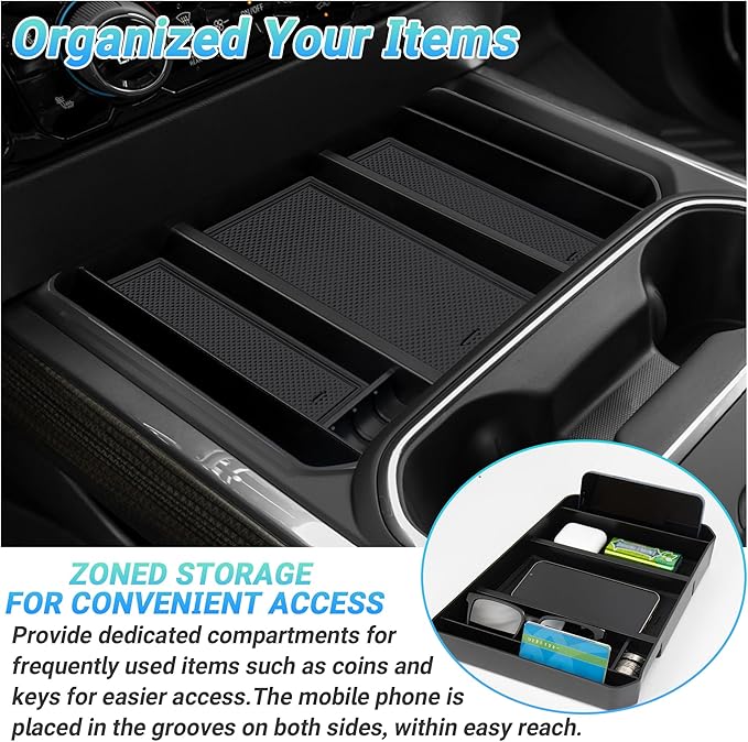 Sinminou Center Console Organizer Compatible with 2024-2026 Chevy Silverado 2500 HD/3500HD Interior Accessories, Armrest Storage Box with Coin Slot(Only Fit Full Console with Bucket Seat)