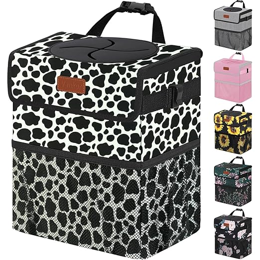 Vankor 3 Gallons Car Trash Can with Lid, Car Bag Bin Hanging Waterproof Automotive Garbage Cans Leak Proof Vehicle Trash Can Cow Print