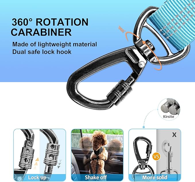 Dog Seat Belt for Car, Dog Car Harness Dog Seatbelt in Car, Safety Leash with Woven Elastic Nylon Buffer Adjustable Rotating Buckle and Dog Poop Bags (19.6-31.5in, Blue)