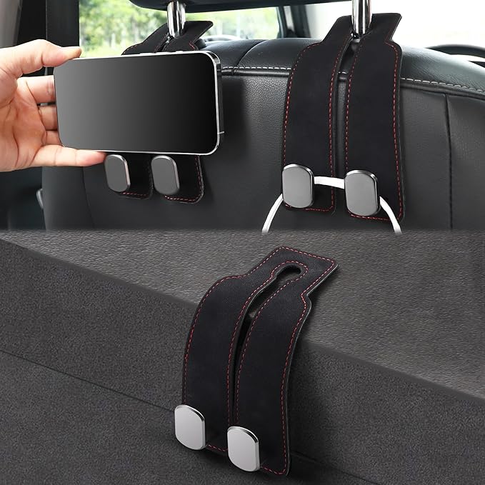 LivTee Car Hook, 2-Pack Leather & Iron Headrest Mount Hangers for Bags, Coats & Phones (Black)