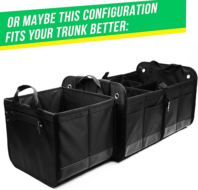 DURABLEZ 3-Section Car Trunk Organizer XL – Large Modular Auto Storage Bin, Foldable Multi-Compartment Cargo Organizer for Car Trunk, Heavy Duty 1680D Design – Black