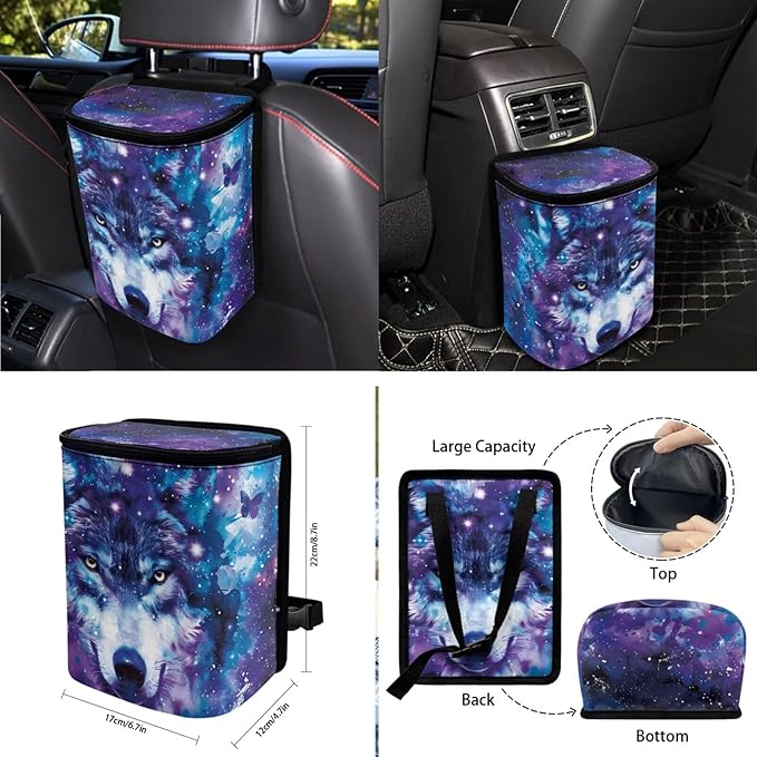 10 Piece Car Seat Cover Sets for Women and Men, Galaxy Wolf Printed Car Front and Back Seat Protector Steering Wheel Cover Trash Can Air Vent Storage Bag Wristlet Keychain