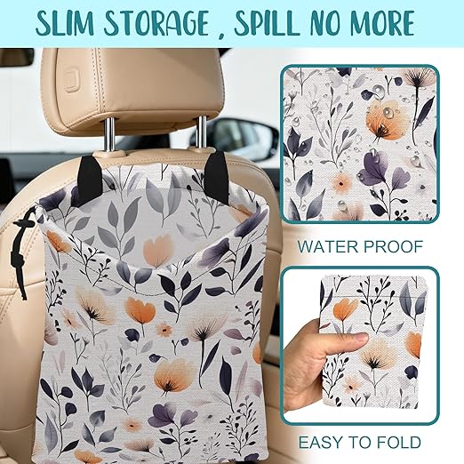 KXWQTRDD Car Garbage Bag Colorful Wildflowers and Leaves Hanging Canvas Car Trash Bag Drawstring Car Back Seat Organizer for Car Back Front Seat Console with Adjustable Buckle