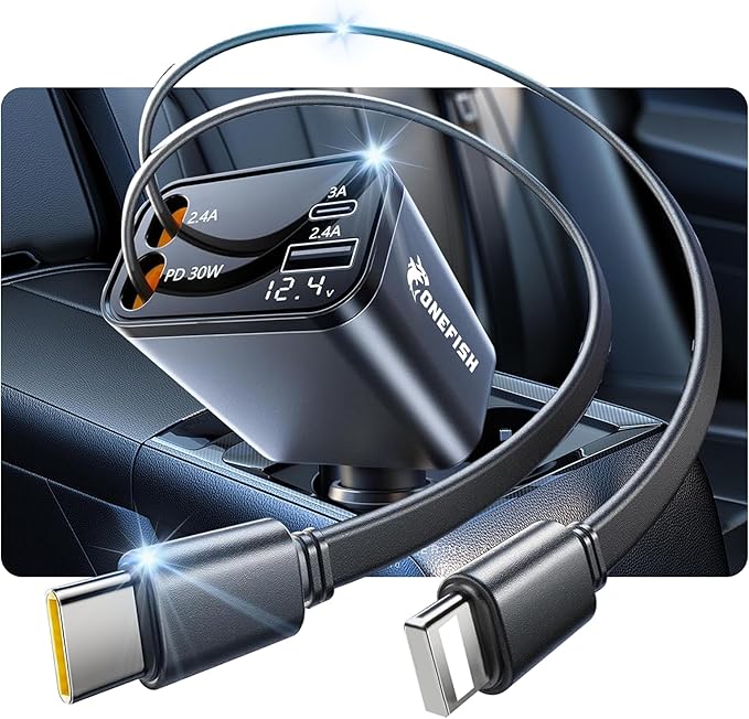OneFish Starlight Fast Car Charger, 4 in 1 Cigarette Lighter Chargers with USB Type C Ports Retractable Cord Display, for iPhone 17 16 15 14 Pro Max Plus/iPad, Car Truck Essentials Gift for Women Men