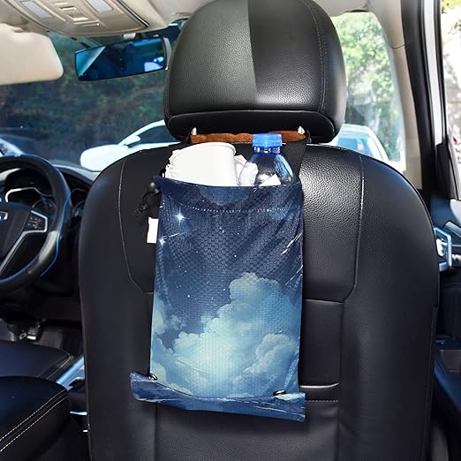 ALAZA Hanging Car Trash Bags Garbage Bag Trash Can for Back Seat Small Cloud Blue Washable Storage Bag Retractable 2 Pack