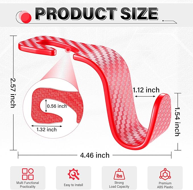 SINGARO Universal 2 Pack Car Seat Headrest Purse Hook, Carbon Fiber Back Seat Hook Storage Organizer Hanger for Purse Handbag Coat, Car Interior Accessories(Red)